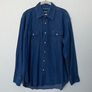 [Vintage] 90s Y2K Dark Wash Denim Pearl Snap Button Up Cowboy Shirt Size Large L